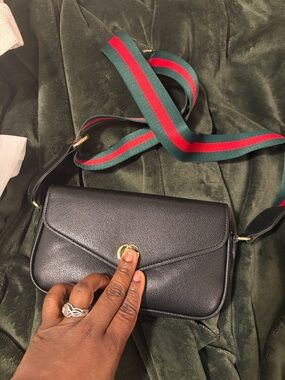 Black Leather Crossbody with Red-Green Web Stripe Strap